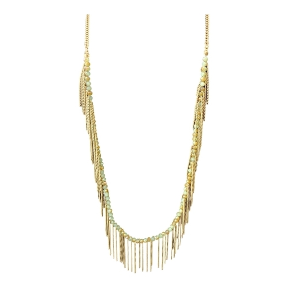Freedom gold and green long necklace with a boho feeling fringe. - Picture 12 of 12